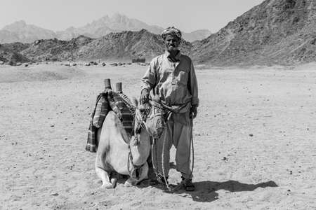 Hurghada, Egypt - October 1, 2020: Old Bedouin man with his camel in the desert near Hurghada, Egyptのeditorial素材