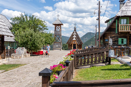 Mokra Gora, Serbia - July 15, 2020: Church in main square in Kustendorf, Drvengrad.のeditorial素材