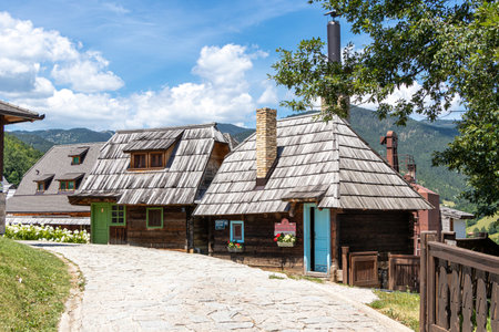 Mokra Gora, Serbia - July 15, 2020: Wooden houses in Serbian mountain village near Mokra Gora in Zlatibor surroundings, Serbia.のeditorial素材