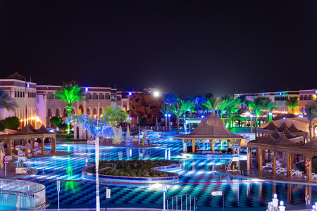 Hurghada, Egypt - September 29 2020: Swimming pool at a luxury egyptian resort SUNRISE Mamlouk Palace Resort at night.のeditorial素材
