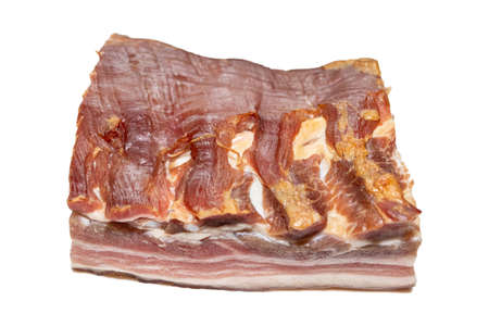 Smoked pork bacon isolated on white backgroundの写真素材