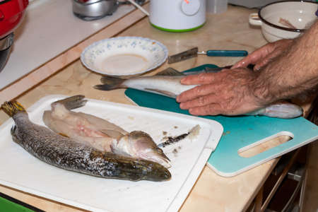 Cutting fish in the kitchen. Hands with a knife cut up fish on cutting board.の写真素材