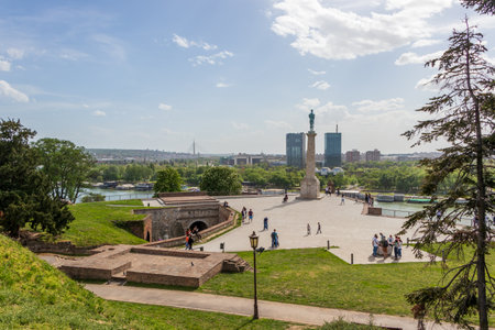 Belgrade, Serbia - May 2, 2021: The Winner monument the symbol of the City of Belgrade, located at Kalemegdan fortress.のeditorial素材