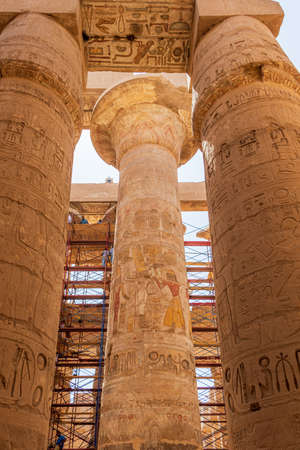 Luxor, Egypt - September 21, 2021: View of the main axis of the Hypostyle Hall with its twelve large columns, and the smaller columns.のeditorial素材
