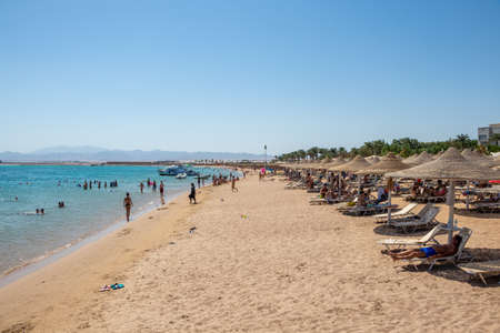 Hurghada, Egypt - September 25 2021: A nice sunny day on the beach at the Red Sea in Hurghada, Egyptのeditorial素材