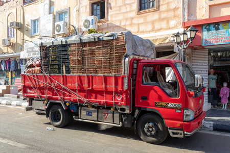 Egypt, Sharm El Sheikh - July 02, 2022: A truck loaded with various fruits and vegetables in Egypt.のeditorial素材