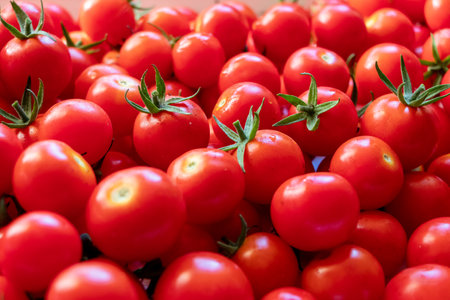 Delicious red tomatoes. Summer tray market agriculture farm full of organic vegetables, selective...