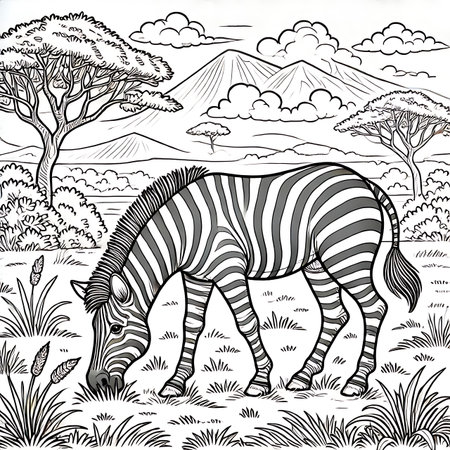 Zebra in the savanna. Vector illustration. Coloring book for adults.の素材