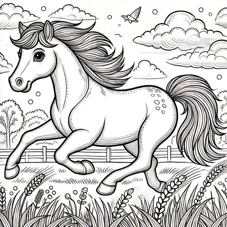 Horse in the field. Black and white illustration for coloring book.の素材