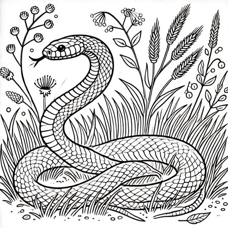 snake in the grass, black and white illustration for coloring bookの素材