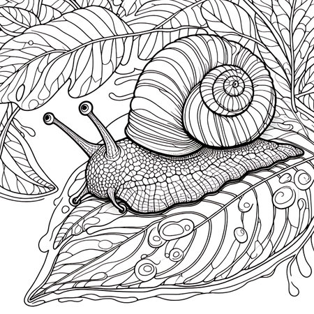 Hand drawn snail and leaves. Black and white illustration for adult anti stress coloring page.の素材