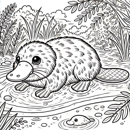 Cute hedgehog on a pond. Black and white vector illustration for coloring book.の素材