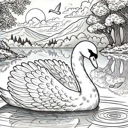 Swan on the lake. Black and white illustration for coloring bookの素材