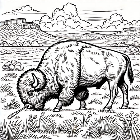 Bison on the prairie. Black and white vector illustration.の素材