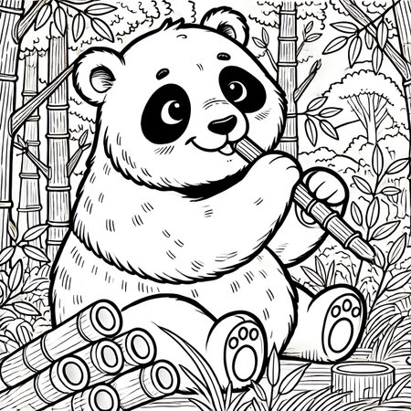 Cute cartoon panda in the bamboo forest. Vector illustration for coloring book.の素材
