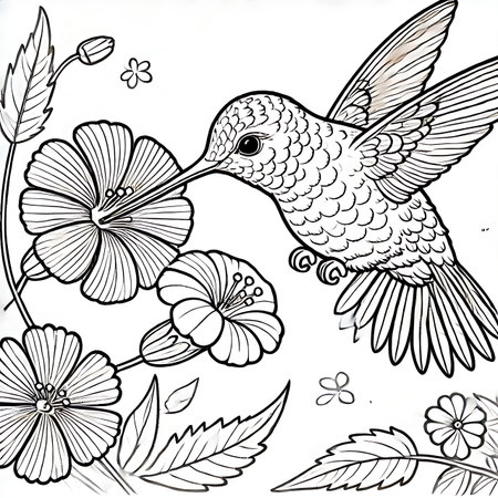 Coloring book for adult and older children. Coloring page with bird and flowers.の素材
