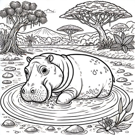 Hippopotamus in the pond. Black and white vector illustrationの素材