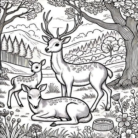 Deer in the forest. Black and white vector illustration for coloring book.の素材