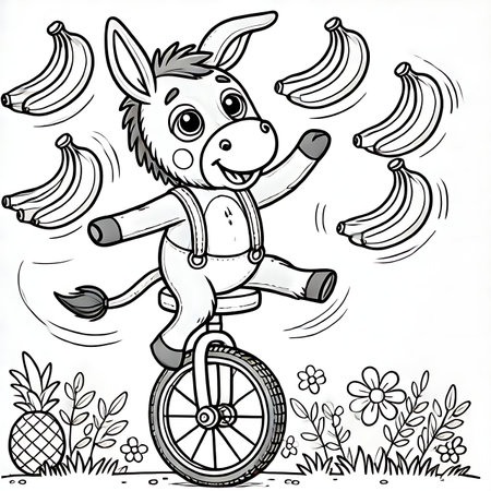 Cartoon Illustration of Funny Donkey Riding a Unicycle or Bicycle with Bananas for Coloring Bookの素材