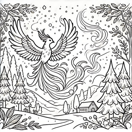 Hand drawn bird with wings flying in the forest. Vector illustration.の素材