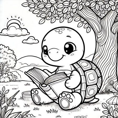 Cute little baby turtle reading a book in the park. Coloring book for childrenの素材