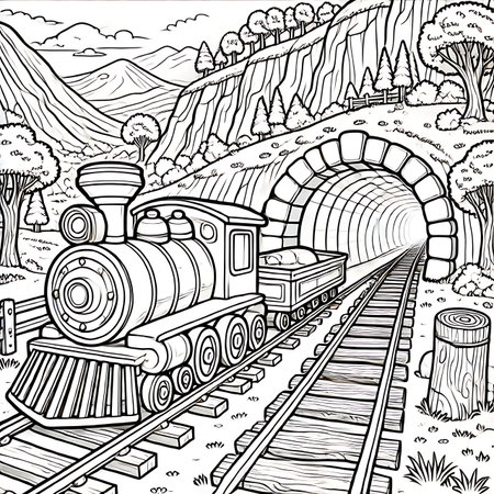 Steam locomotive in the mountains. Coloring book page for adults.の素材