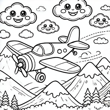 Black and White Cartoon Illustration of Funny Plane Flying Around the Mountainsの素材
