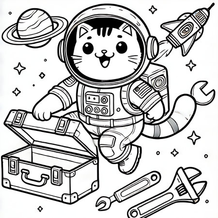 Black and White Cartoon Illustration of Cute Cat Astronaut for Coloring Bookの素材