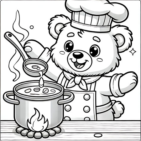 Black and White Cartoon Illustration of Cute Bear Chef or Chef Character with a Pot of Food for Coloring Bookの素材