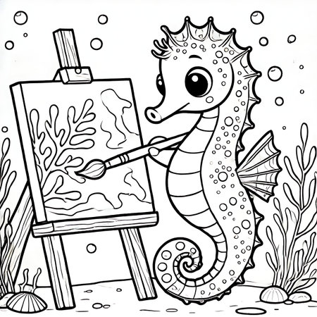 Coloring book for children: seahorse with an easelの素材