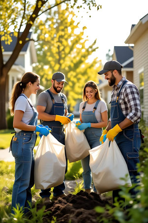 volunteers with garbage bags working in garden at home on sunny dayの素材