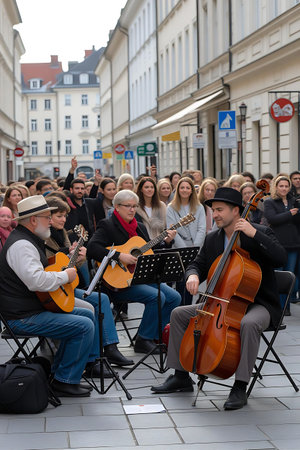 Famous street musicians playing music in Prague, Czech Republic.の素材