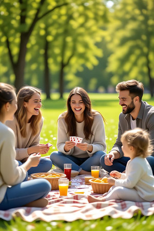 happy family with kids having picnic in park at summer day and drinking juiceの素材