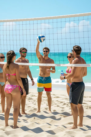 Group of friends playing beach volleyball on a sunny day at the beachの素材