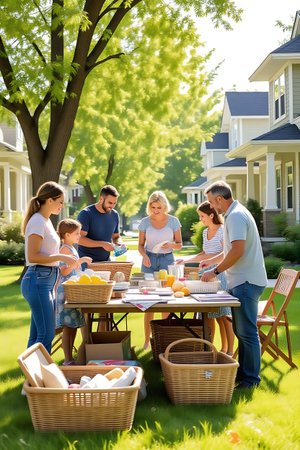 Happy family having picnic in the backyard of their house on a sunny dayの素材