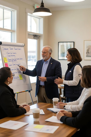 Confident mature businessman giving presentation to diverse colleagues at meeting in office. Multiethnic corporate business team brainstorming together. Communication conceptの素材
