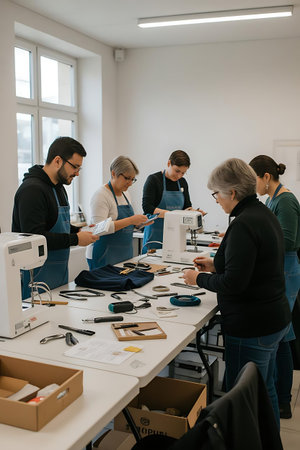 Fashion designers working on new collection of clothes in their studio.の素材
