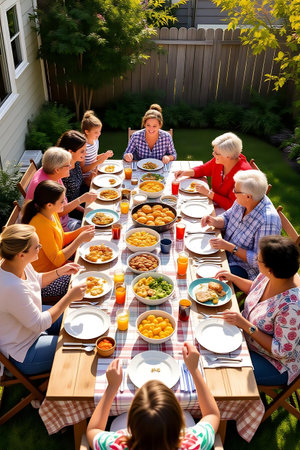 Grandmothers having breakfast with her family in the backyard of their houseの素材