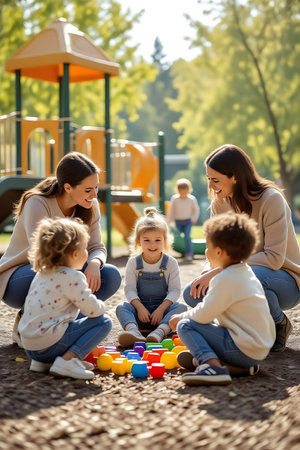 happy family playing with children on playground in park at sunny summer dayの素材