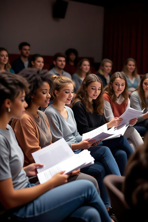 Multiethnic group of students listening to lecture in university auditoriumの素材