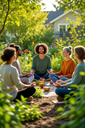 Group of multiethnic women meditating in the garden during a yoga session.の素材