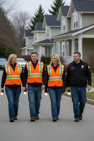 Police officers walking in front of a new house.  They are wearing reflective vests.の素材