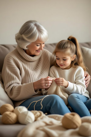 Cute little girl and her grandmother sitting on sofa and knitting.の素材