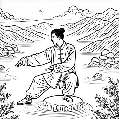 Kung fu master in the park. Black and white vector illustration.の素材