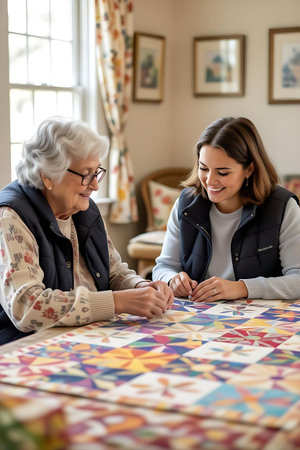 Portrait of happy senior woman and her granddaughter playing card game at homeの素材