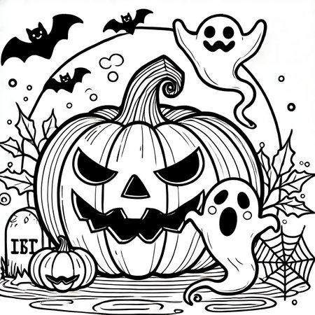 Halloween pumpkin with ghost and bats. Black and white vector illustration.の素材