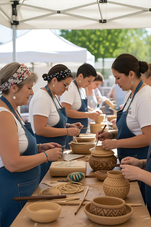 Female potters working in a pottery workshop. They are creating ceramic products.の素材