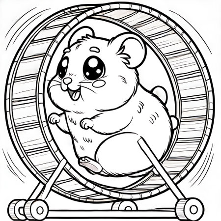 Black and White Cartoon Illustration of Cute Hamster Animal Character Sitting inside Wheel for Coloring Bookの素材