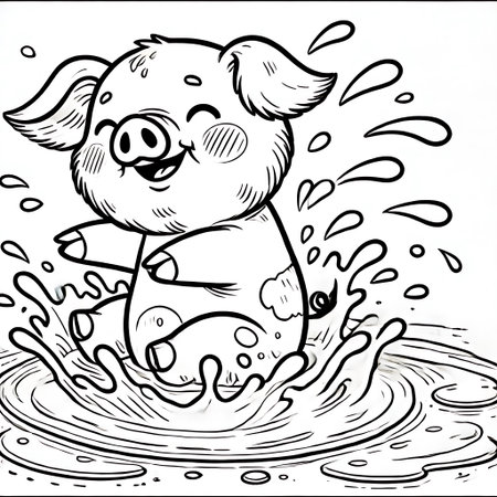 Black and White Cartoon Illustration of Funny Pig Posing in Waterの素材