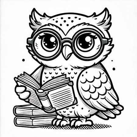Owl with glasses reading a book. Black and white vector illustration.の素材